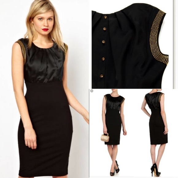 Ted Baker silk embellished beaded elate satin black sheath dress size 6 cocktail - Picture 1 of 10
